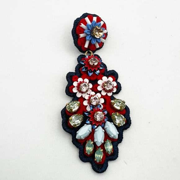 J Crew Chandelier Earring Oversized Red Blue Embroidered Big Beaded Jeweled - Picture 3 of 10